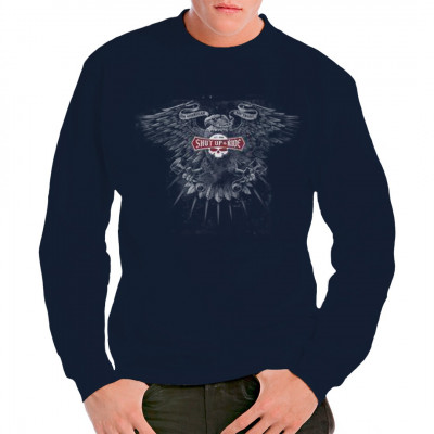 Das Motto der Biker? Klappe zu und fahr!
Cooles Shirt für alle Motorrad - Fans mit einem Adler und Totenschädel.