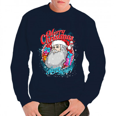 Portrait des Weihnachtsmannes mit Geschenken und festlicher Dekoration als hochwertiger Druck für dein T-Shirt, V-Neck oder deinen Pullover