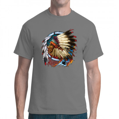 Indianischer Kriegshäuptling mit traditionellem Kopfschmuck und Schild.

Tolles Shirt-Motiv für alle Fans nordamerikanischer Ureinwohner.