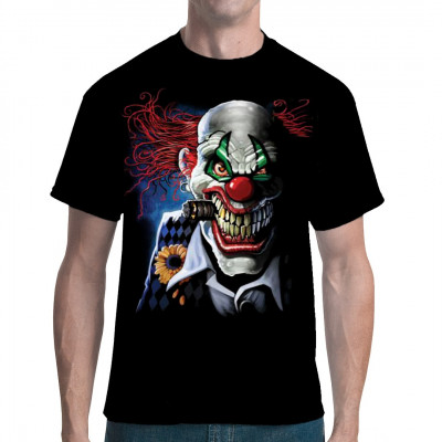 T-Shirt Motiv: Joker

Gibt es etwas gruseligeres als Clowns? Ja: Clowns mit irrem Blick, wahnsinnigem Grinsen, gelben Zähnen und einer fetten Zigarre! Dies ist kein spaßiger Harlekin sondern eher Pennywise' Bastardsohn.
