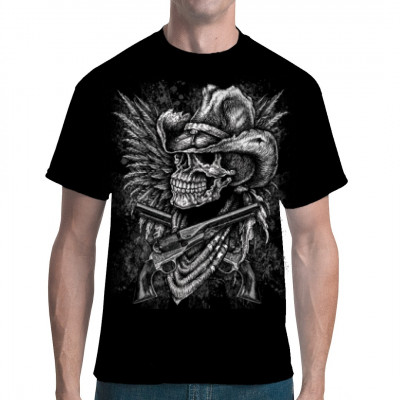 Skull Cowboy Guns Wings T-Shirt
Cooles Western Shirt Motiv mit einem Cowboy - Totenschädel, Indianerfedern und 2 alten Revolvern aus der Zeit des amerikanischen Bürgerkriegs. 
Motivgröße 14x18 Zoll