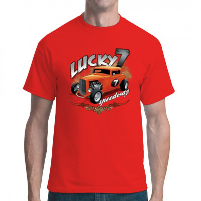 T-Shirt Motiv: Lucky 7 Speedway

Auffäliger orangener Hot Rod und der Schrifftzug Lucky 7 Speedway. Tolles Motiv für Freunde der getunten Oldtimer.